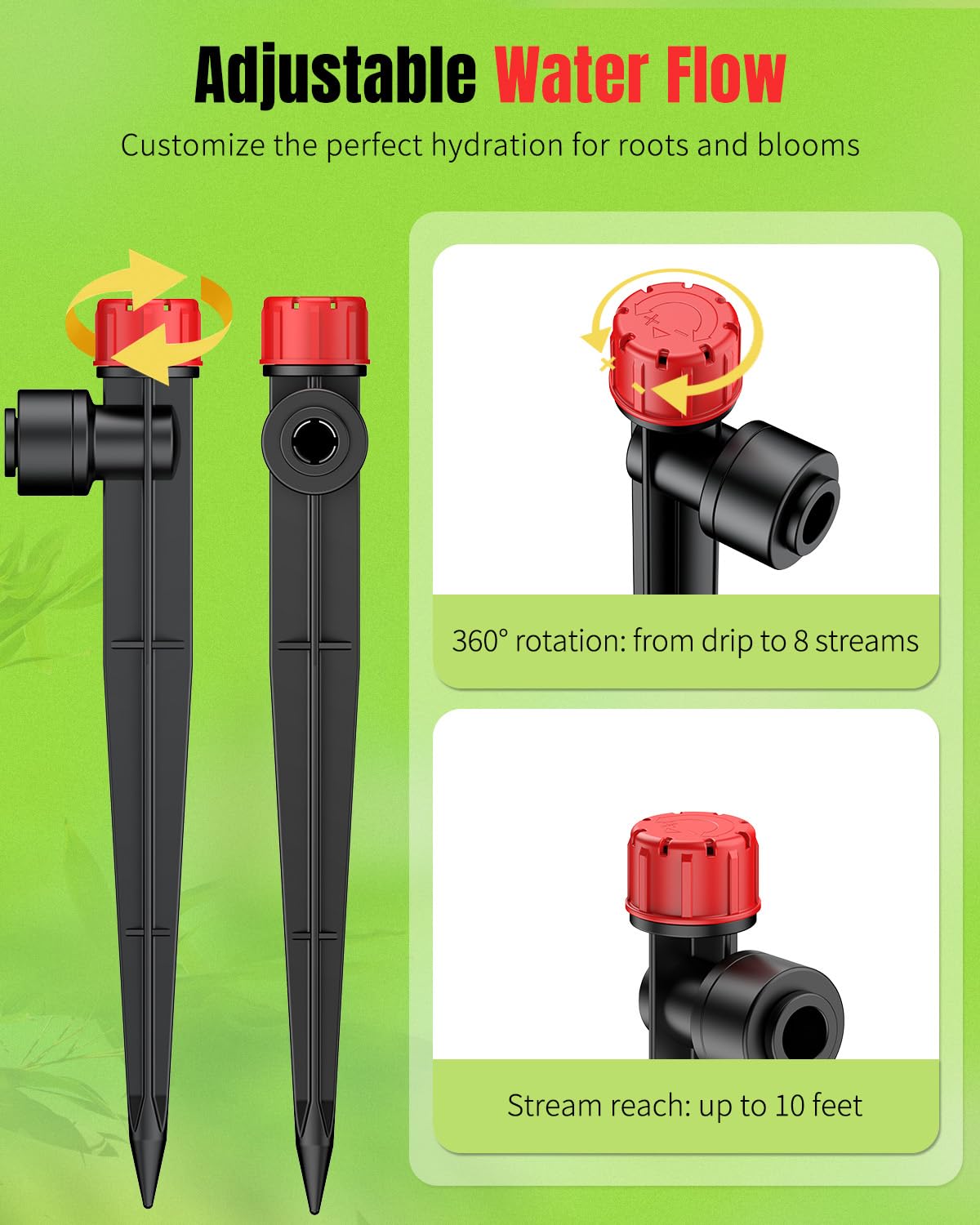 Pawfly 30 Pcs Push-to-Fit Drip Irrigation Emitters with Adjustable Water Flow Irrigation Drippers Drip Emitters Sprinklers with Stake & 8 Holes Drip Irrigation System Parts for 1/4 Inch Tubing