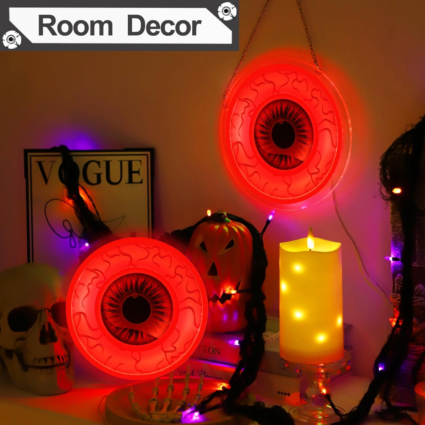 Halloween Window Decorations Indoor Lights, Eyeball Shaped Neon Signs, Red Led Lights Battery Operated Or USB Powered,Cute Gothic Decor for Home, Room, Wall, Office, Mental(2Pack)
