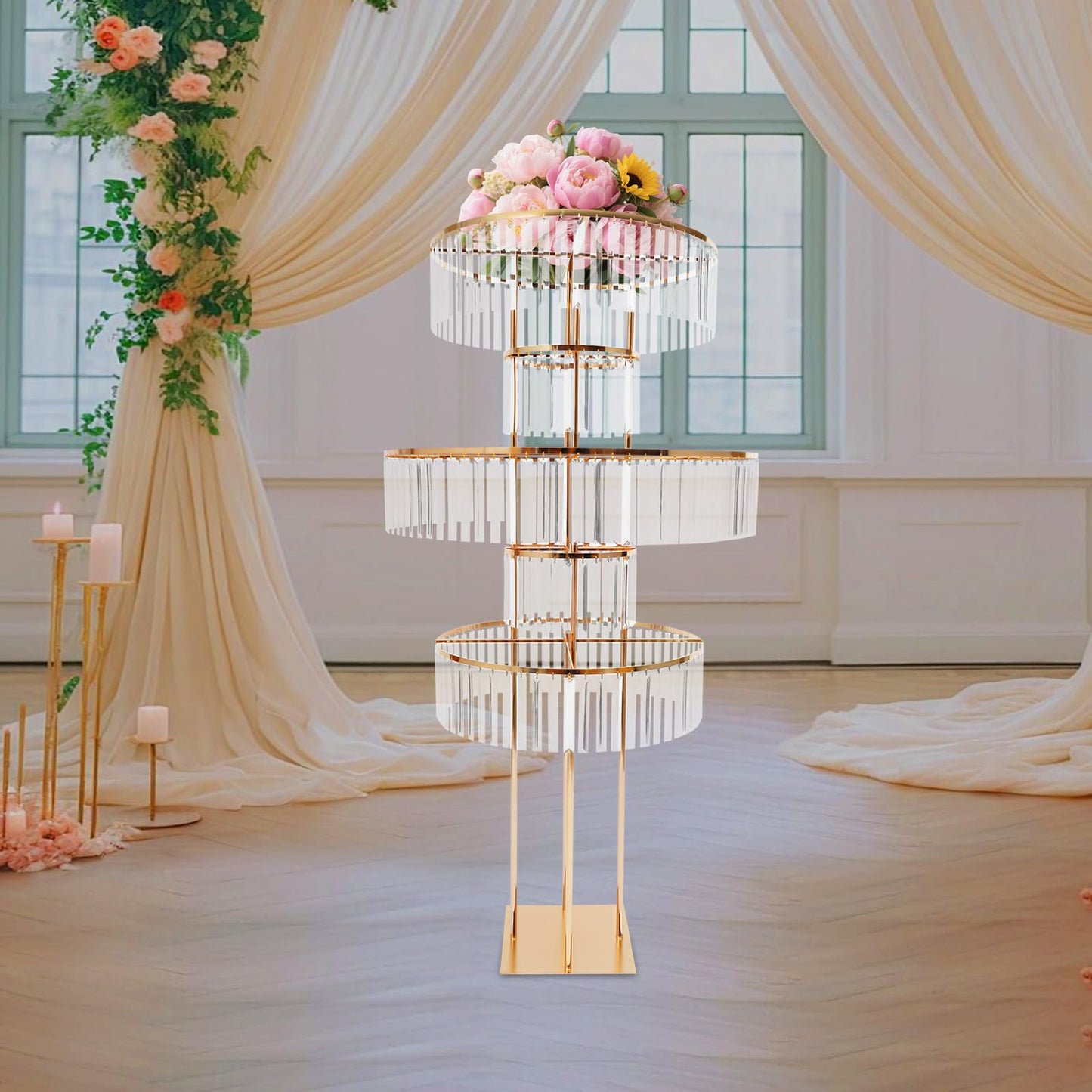 Headery 5 Tiers Round Wedding Centerpieces Vase, 61in Gold Acrylic Flower Stand with Hanging Crystals, Square Chandelier Pedestal Stand for Party Table Decoration Lawn Hotel Opening (Styel-4)