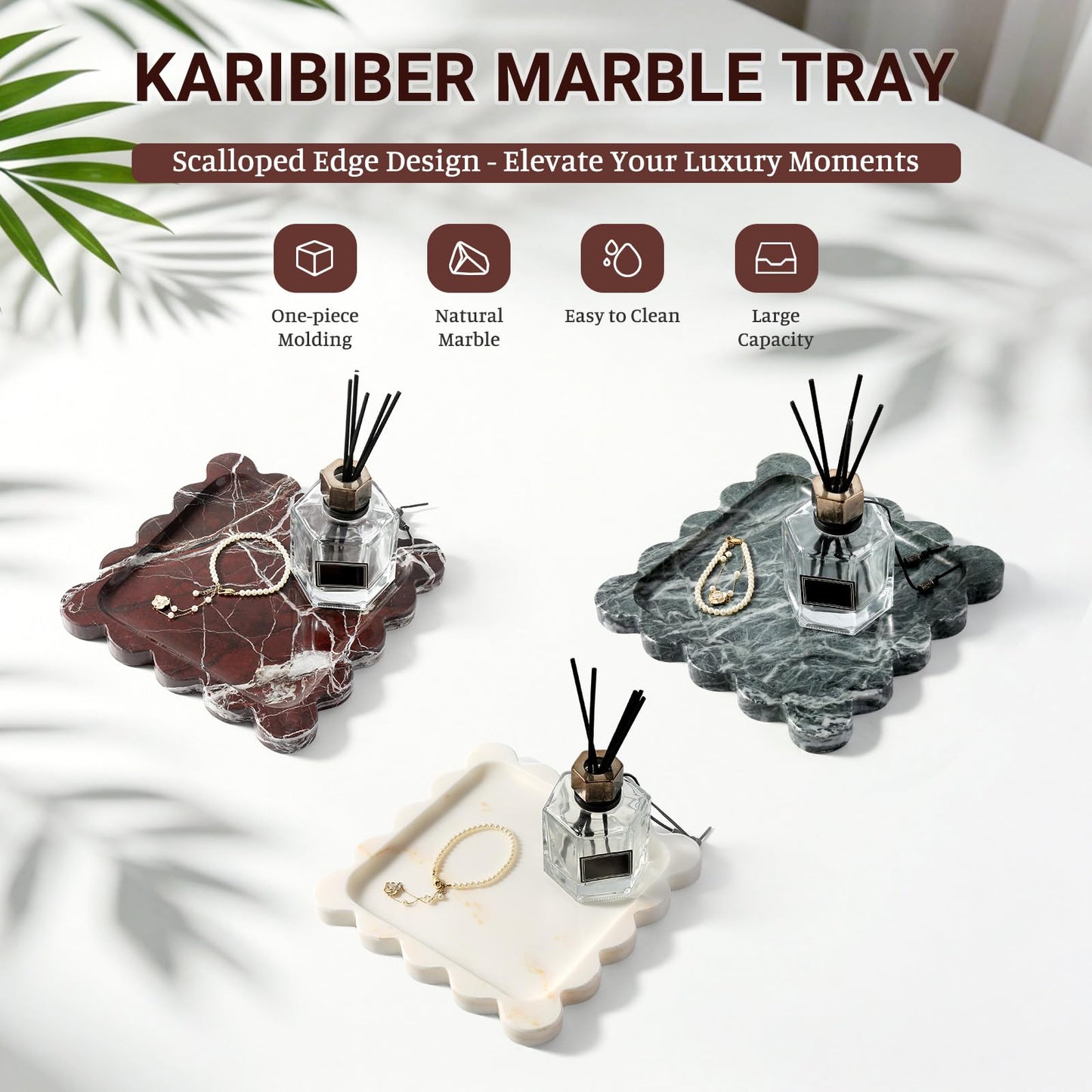 Karibiber Natural Marble Tray, 8in Red Small Scalloped Tray, Decorative Trinket Dish, Premium Square Bathroom Vanity Tray for Earrings Rings Necklaces, Unique Stone Jewelry Dish Gift