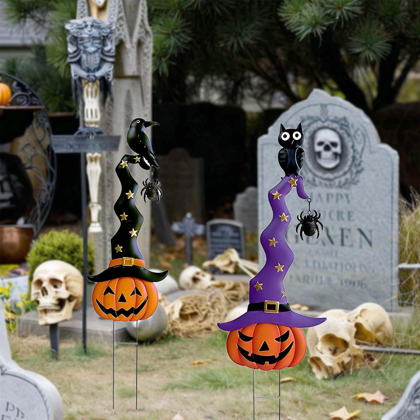 2 Pack Halloween/Thanksgiving Garden Decorations, Metal Jack-O-Lantern Stakes with Witch Hats, Scary Yard Sign Outdoor Lawn Decor, Metal Pumpkin Outdoor Halloween Yard Signs
