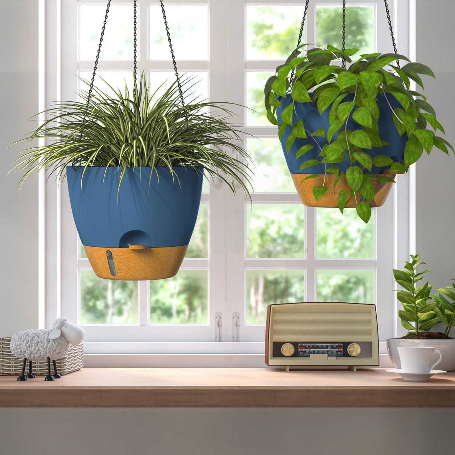 ZMTECH 12 Inch Large Self Watering Hanging Planters for Indoor Outdoor Plants - Water Level Indicator & Removable 60 Oz Reservoir, 1 Pack Plastic Hanging Basket for Window Porch Garden Balcony, Blue