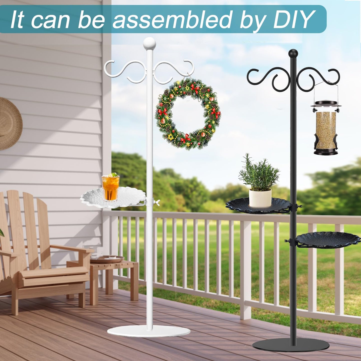 Upgraded 74" Shepherd's Hook for Bird Feeder,Floor Hanging Plant,Wind Chime Stand, Waterproof Metal & Adjustable-Height Standing Pole Holder for Lantern and Wreath, Indoor & Outdoor(2 Placement Racks)