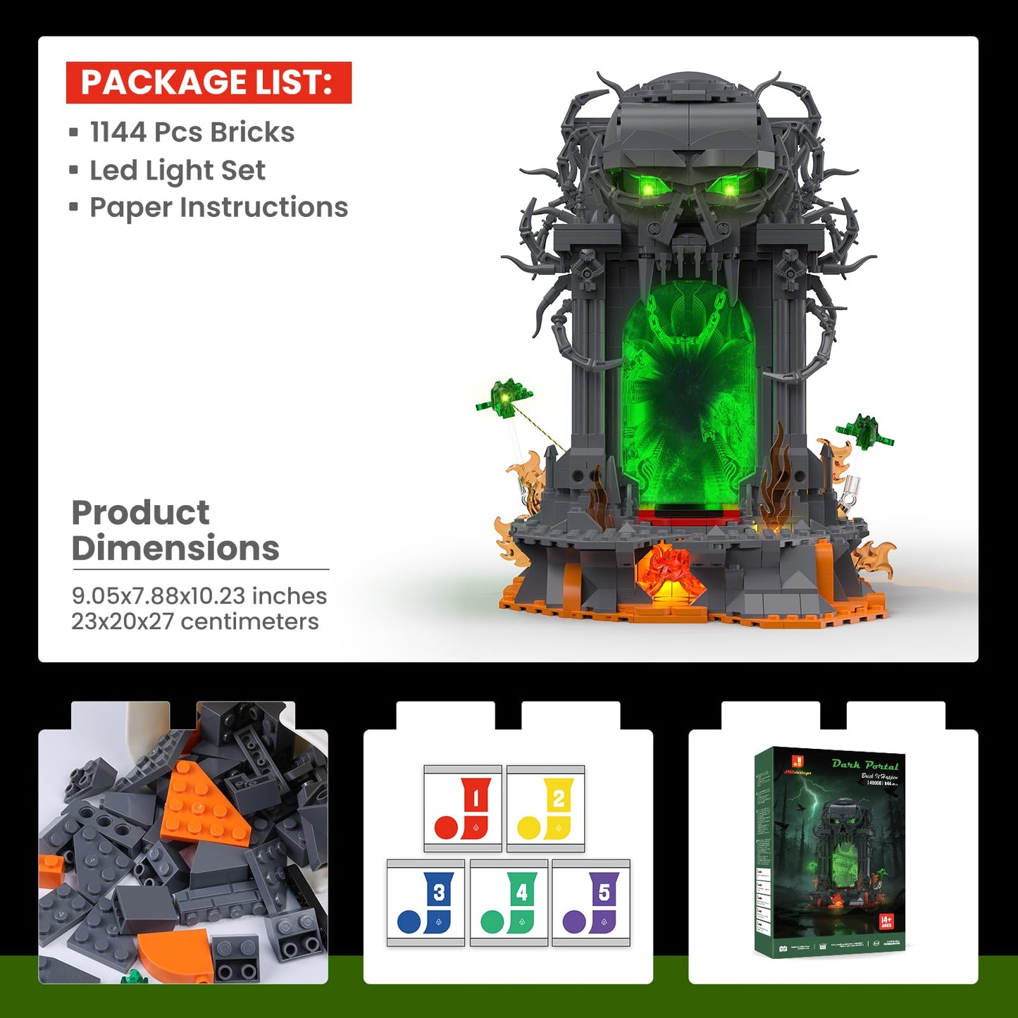 JMBricklayer Dark Portal Building Set for Adults, Gothic Skull Gate with LED Light, Fantasy Demon Door Display Model Kit,Home Office Decor, Halloween Collectible Gift for Gamers Men 1144PCS