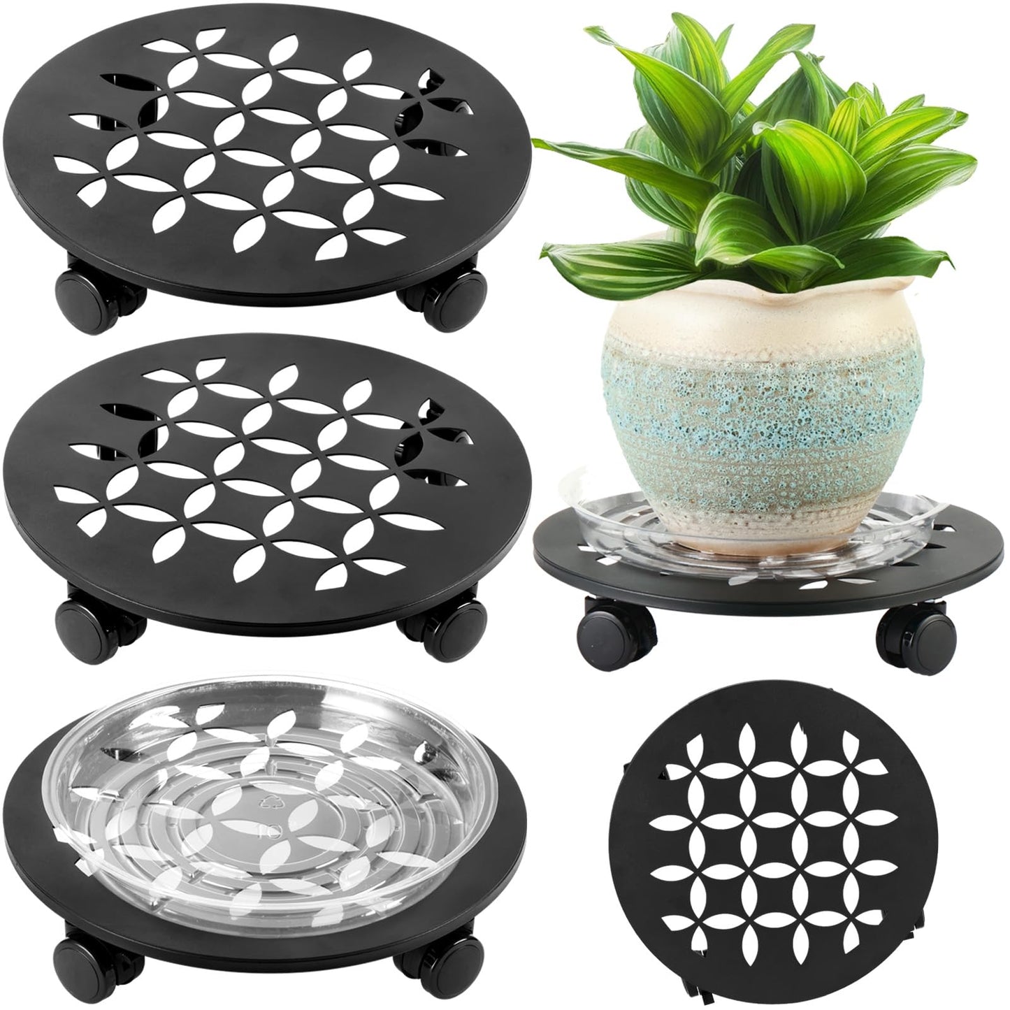 DEELF OUTLET 3 Packs 13.5" Large Metal Plant Caddy with Wheels Heavy-duty Plant Dolly Pot Mover Rollers Rolling Plant Stands Indoor Outdoor Wheeled Plant Holder Coaster Trolley, Black