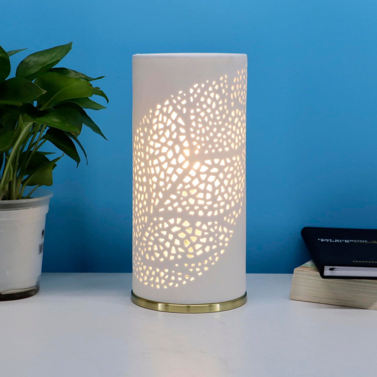 Small Modern Ceramics Bedside Table Lamp, 4.5 x 4.5 x 9.75 Inch White Olive Leaf Style Nightstand Lamps, Side Table Lamps for Bedroom Living Room Entryway Table Light