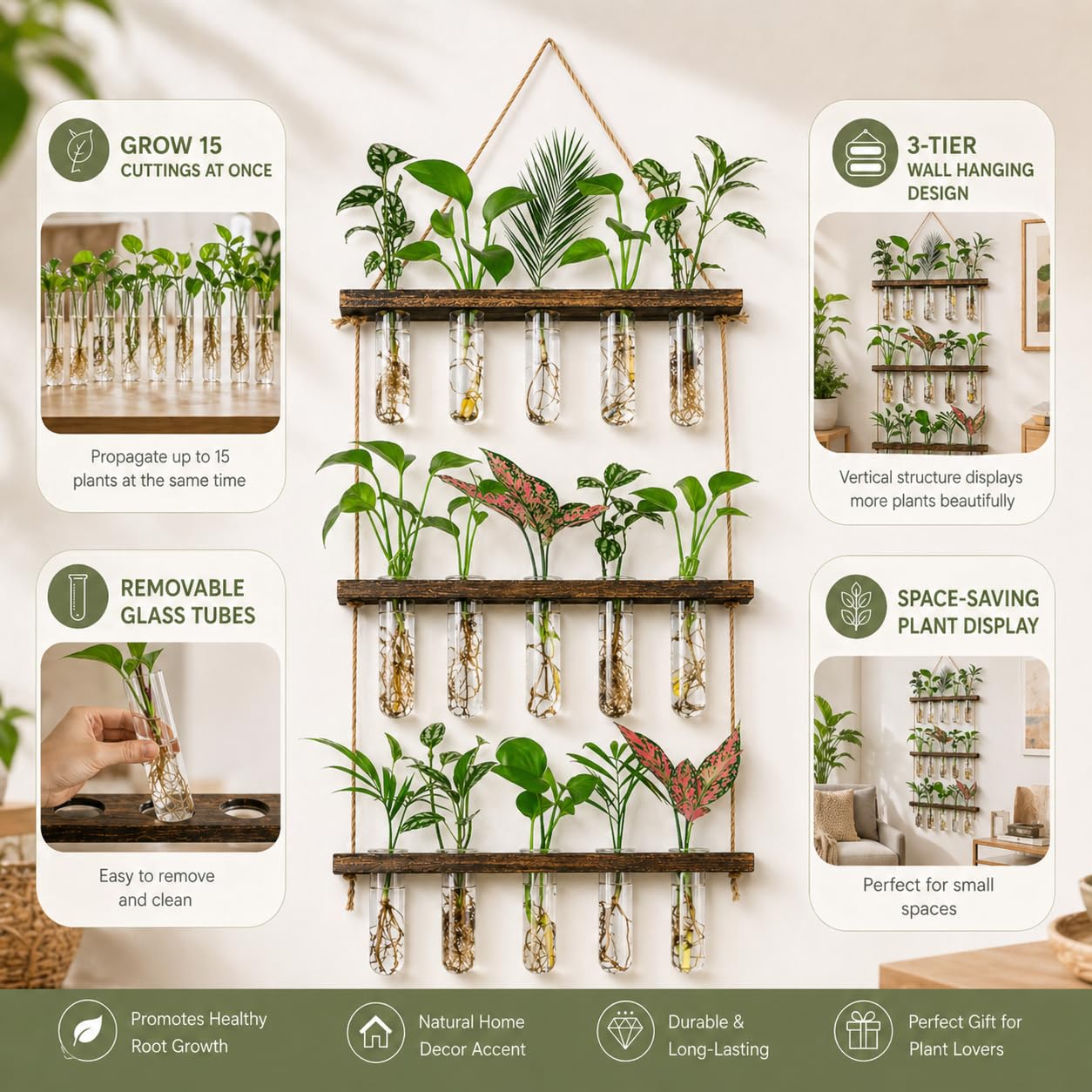 Monsiter QE 3 Tier Wall Hanging Propagation Stations with 15 Glass Test Tubes, Plant Terrarium Propagation Tubes Planter for Hydroponic Cuttings, Window Decor Gift for Plant Lovers