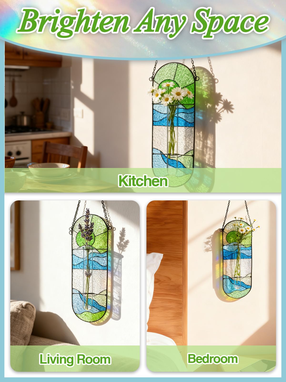 Stained Glass Plant Propagation Stations - Handmade Sunshine Catcher Hydroponic Planter Window Hanging with Glass Tubes, Terrarium Decor Gifts for Women Mom Plant Lovers, Green