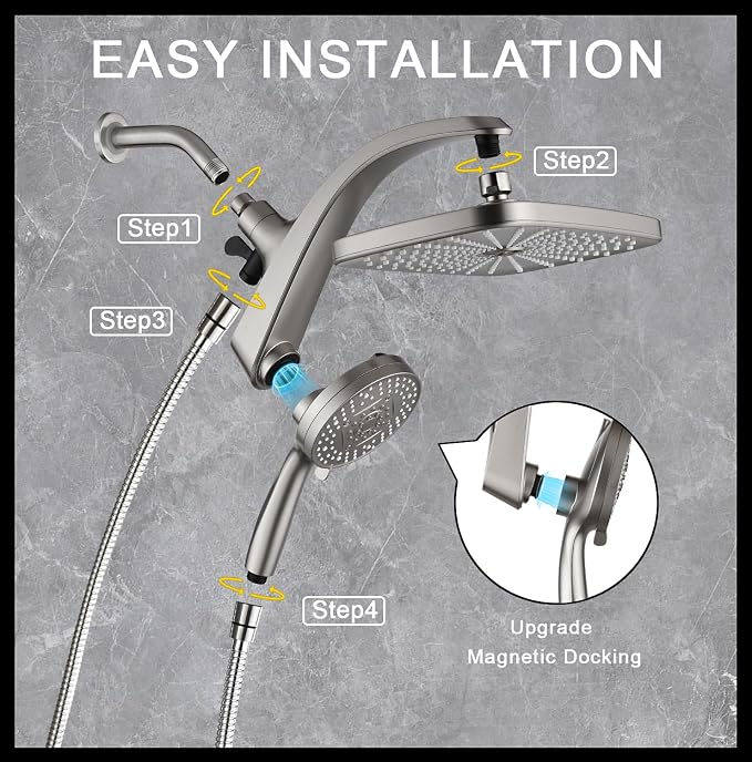 BOZYBO Rain Shower Head with Handheld: High Pressure Shower Heads with Handheld Spray Combo, 12" Rainfall Shower Head and 9 Sprays Hand Showerheads with Magnetic Docking and Power Jets, Nickel 1.8GPM