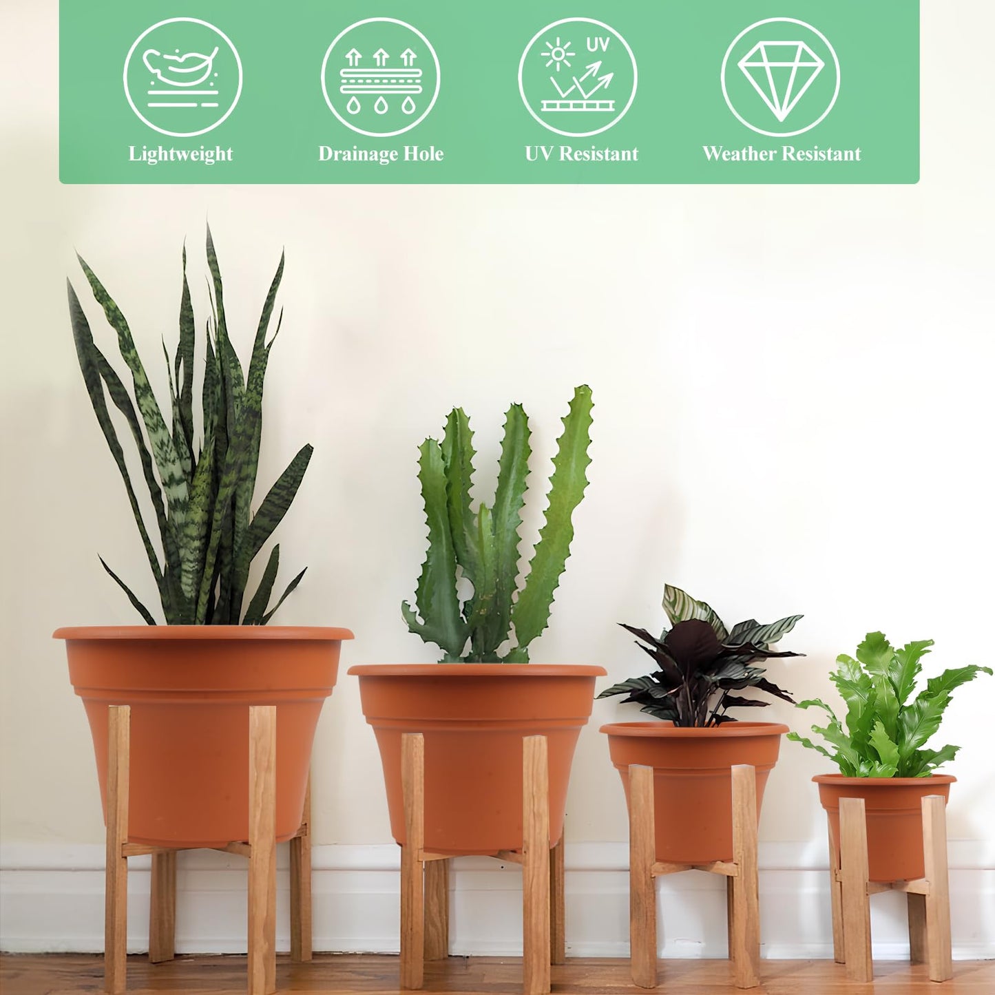 Pottiffe 13 Inch Plastic-Flower-Pot-for-Indoor-Plants, 4 Pack Large Outdoor Planter Pot with Drainage Holes & Saucers, Resin Decorative Garden Pots Planters