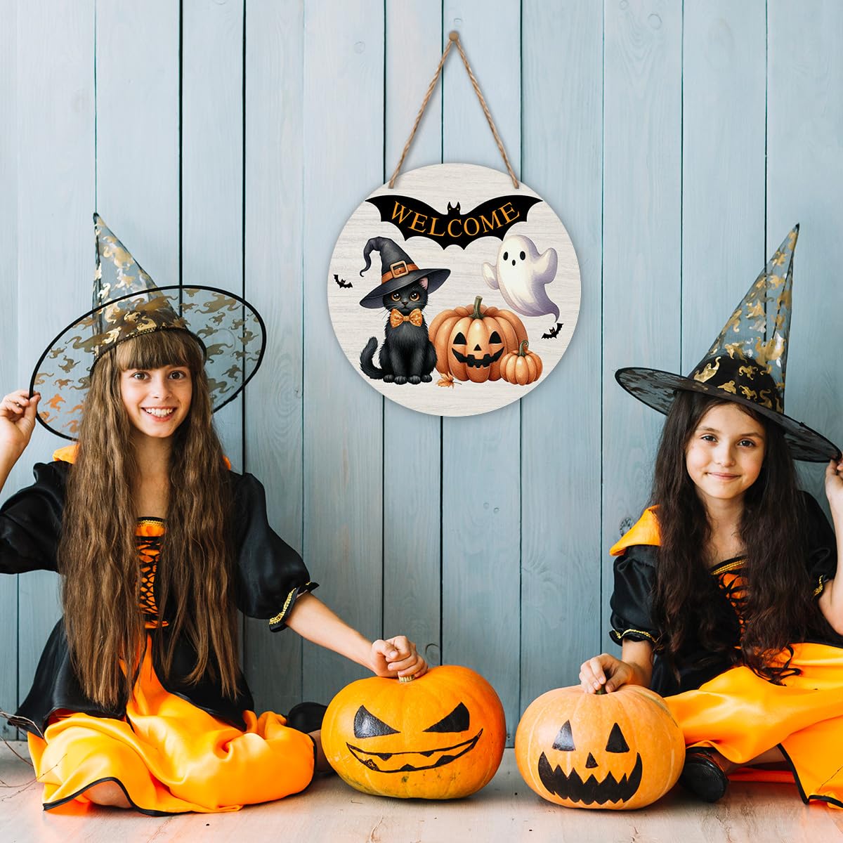 Halloween Welcome Sign, Bat Wooden Front Door Hanger Decorations, Pumpkin Ghost Signs Hanging Wall Decor for Porch Farmhouse Indoor, Halloween Party Supplies-04