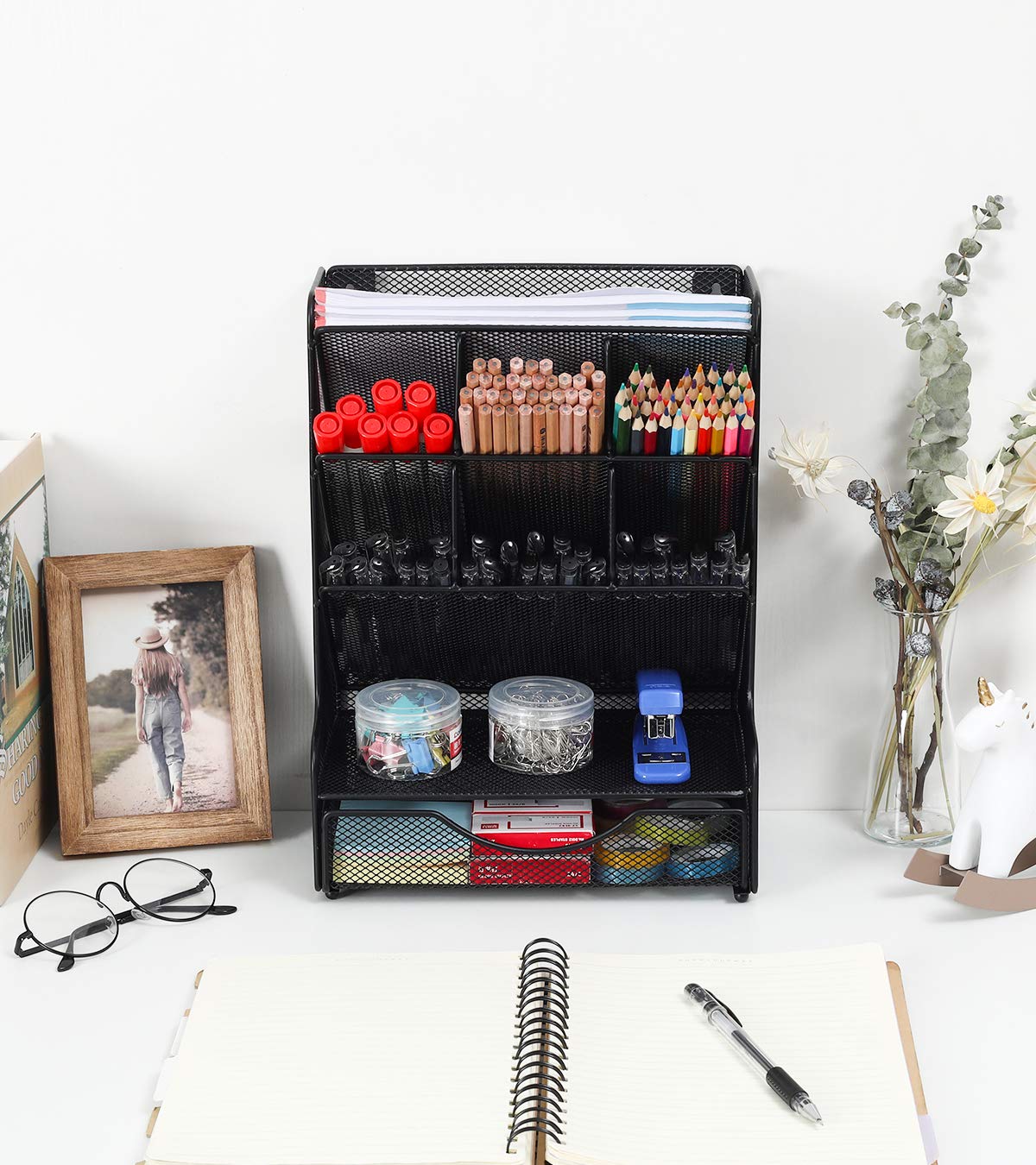 PAG Desk Organizer with Drawer Office Supplies and Accessories Storage Caddy Hanging Wall Shelf Metal Mesh Pencil Holder for Kids, 9 Compartments, Black