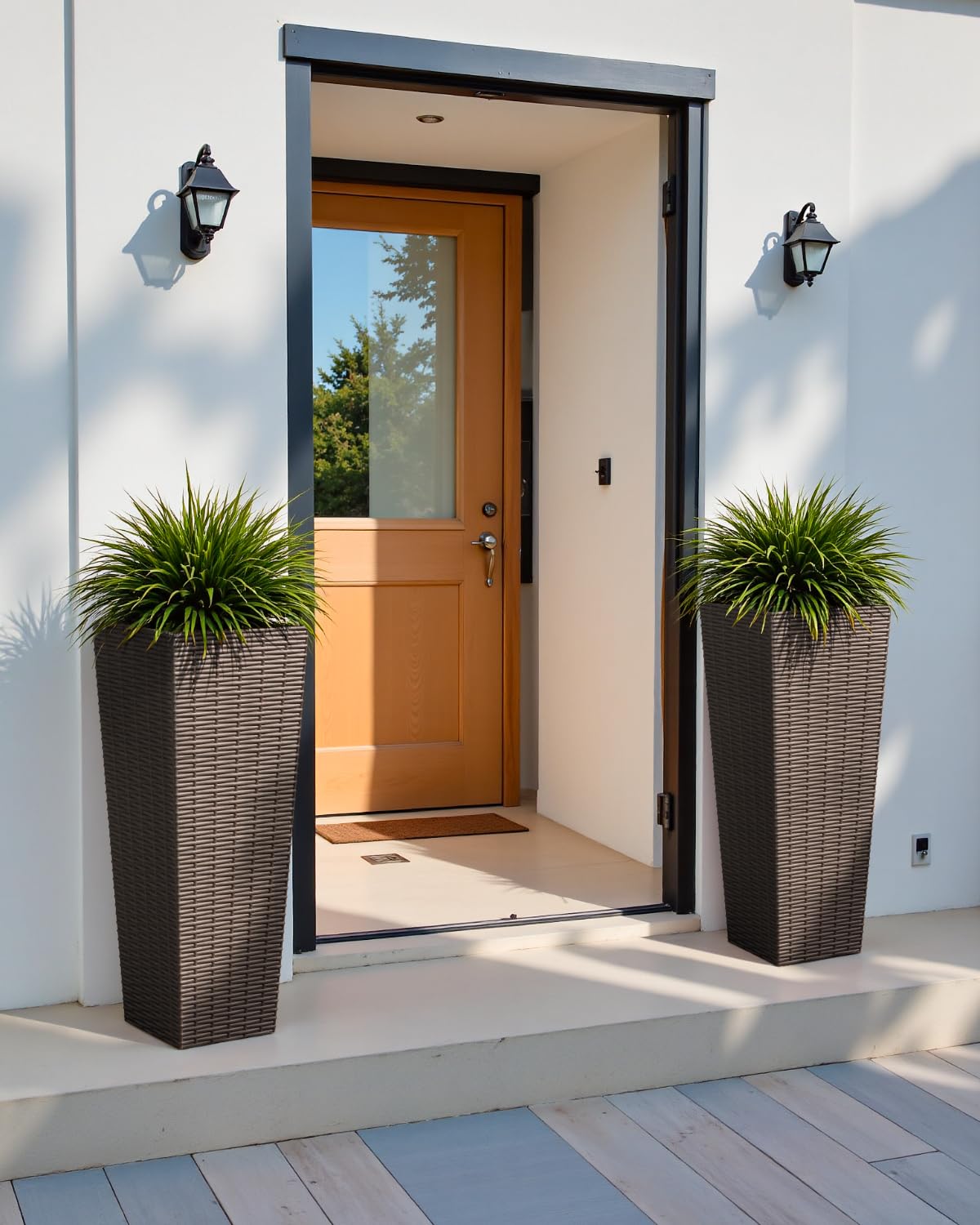 Acurax 32 Inch Tall Plastic Planters(Set of 2), Detachable Inner Pot & Drainage Holes, Outdoor Decorative Flower Pots for Large Plants, Trees, Patio, and Garden, Brown