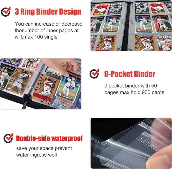 900 Pockets Sports Card Binder, Portable Waterproof Storage Bag with Removable Sleeves for Baseball Football Basketball Hockey Cards 2025 2026 Collectors