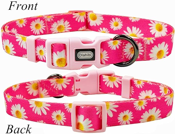 Dog Collar and Leash Set, Cute Pink Daisy Pattern, Polyester Material, 5ft Leash, for Large Dogs.(L, Daisy Set)