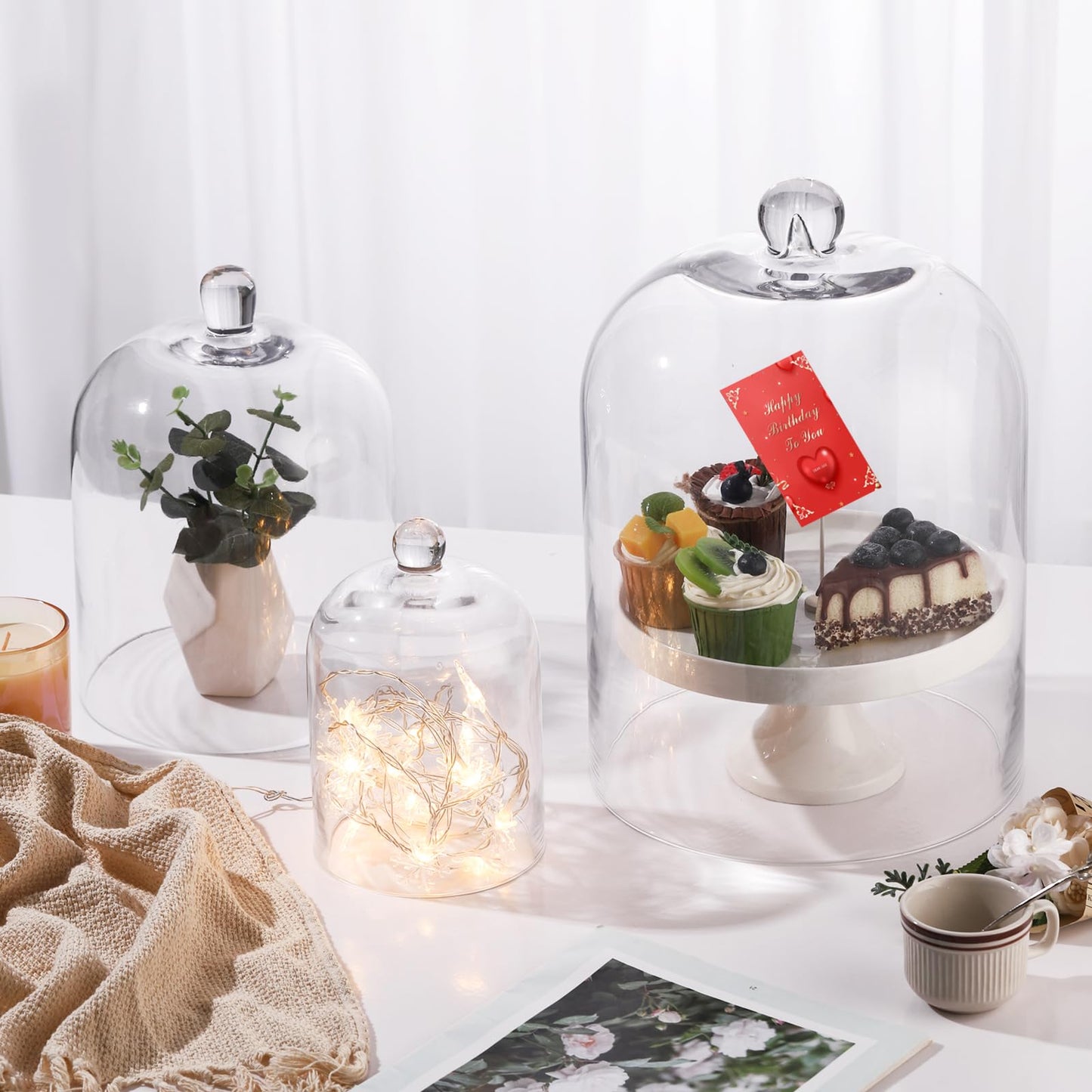 10.6" Tall Large Handmade Sturdy Glass Cloche, Dia 7.48" H 10.6", For Terrarium, Plants, Trinkets, Cakes, Figurines, LED Light String, Candle. Cloche Glass Dome, Bell Jar Display Case (1, 7.48"x10'6)