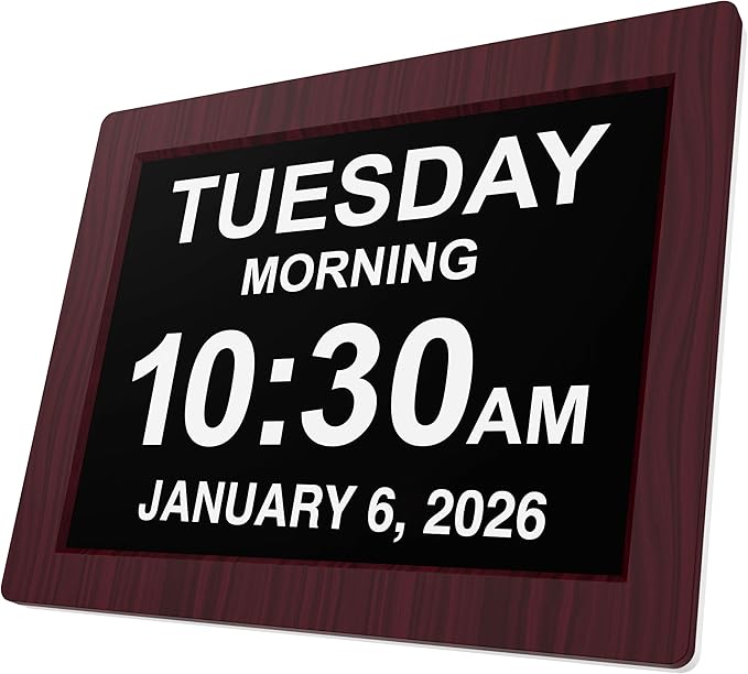 American Lifetime New 2026 Dementia Clock for Seniors, Alzeimer Clock Large Display with Custom Alarms, Clock with Day & Date for Elderly, Digital Calendar Premium Mahogany 12"