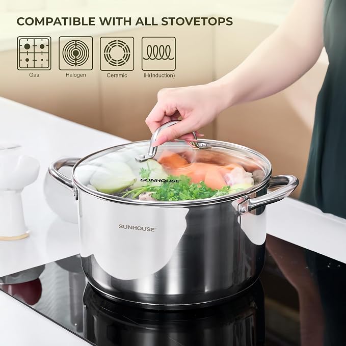 Sunhouse Stock Pot with Lid - 13 QT Large Pot for Cooking Pasta, Soup, Spaghetti - Impact Bonding Base Big Stainless Steel Pots for Canning, Boiling - Oven Safe & Induction Compatible Cookware