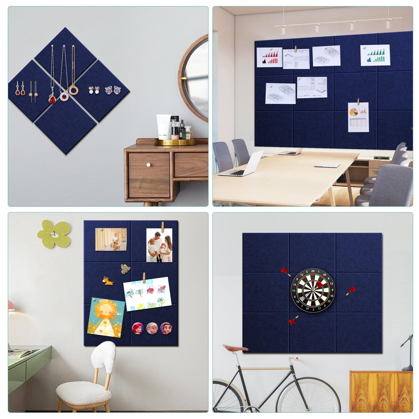 Bounmer Large Cork Bulletin Board - 48" x 36" Cork Board for Walls - 12 Pack Felt Tiles, 60 Removable Safe Adhesive Tabs & 30 Pushpins - for Office, School, Home Decor (Navy Blue)