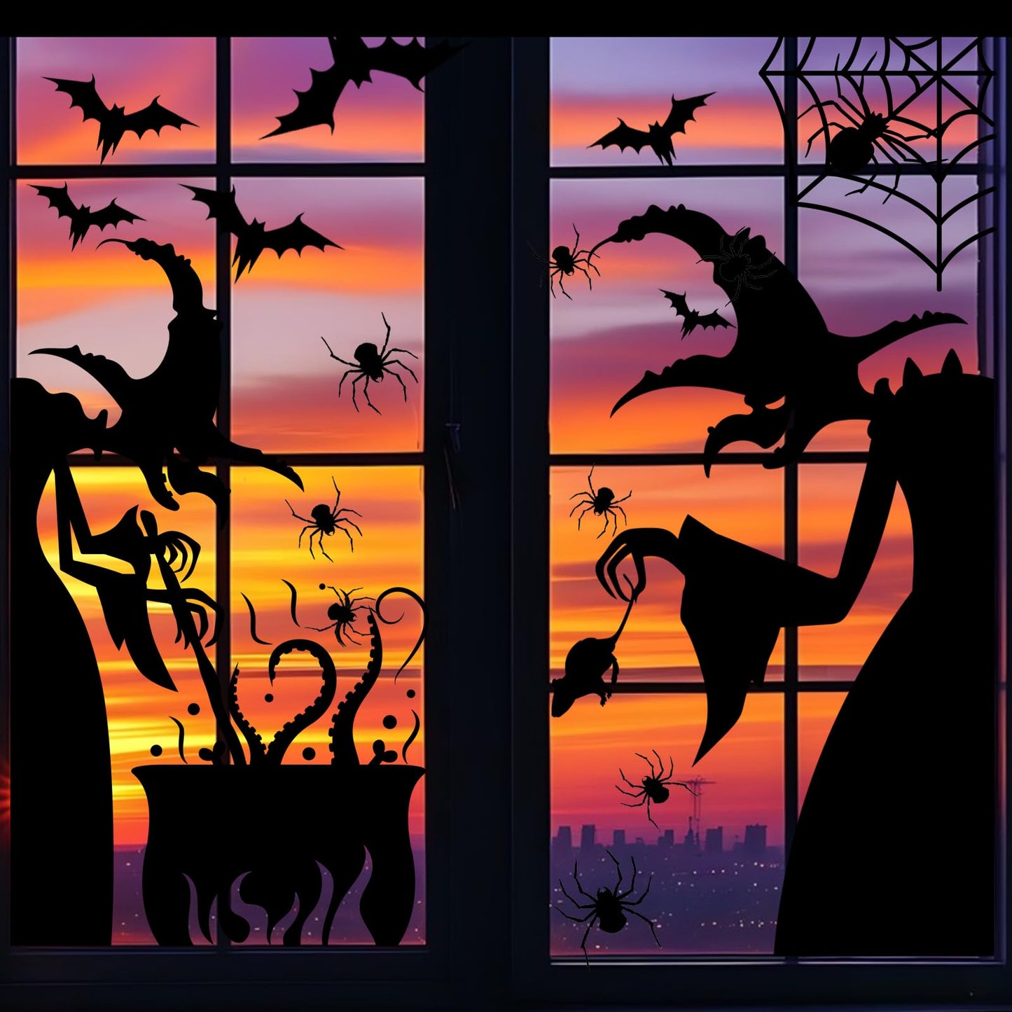 PPRAFDD Extra Large Halloween Window Clings Silhouette Decorations with Scary Witches Giant Spooky Monster Black Cat Bats Spiders Window Decals for Halloween Party (4 Sheets)