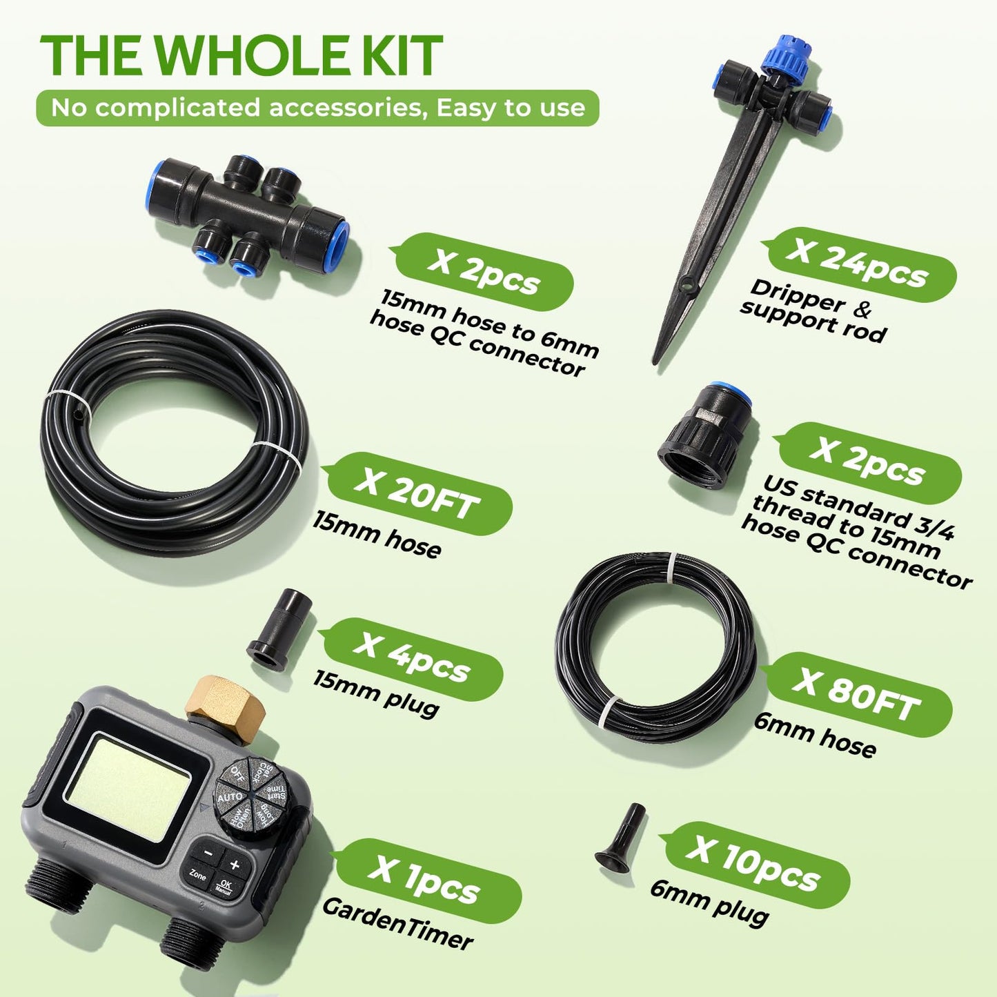 HIRALIY 100FT Drip Irrigation Kit with Garden Water Timer-2 Zone, Automatic Garden Watering System for Raised Bed, Quick Connect Design, Irrigation System for Plant Patio