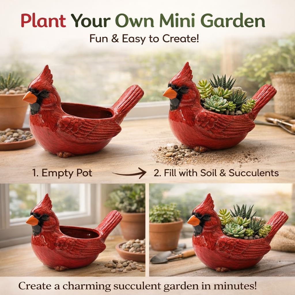 Smilamo Cardinal Bird Succulent Planter, Red Resin Decorative Flower Pot, Bird Flower Pot & Outdoor Planter Pot, Resin Cardinal Flower Pot for Desk & Garden Decor, Unique Gift Idea (Red)