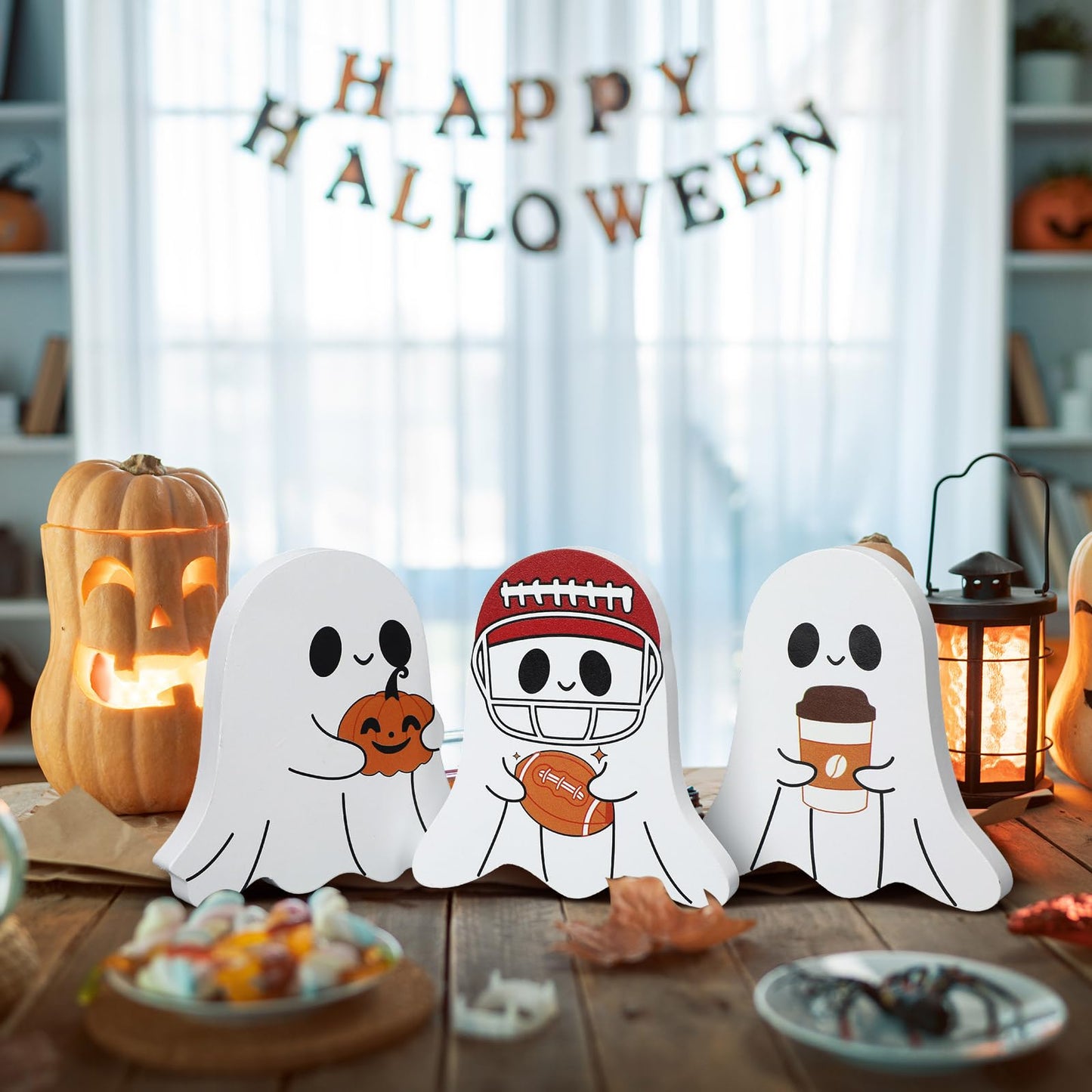 Geelin 3 Pcs Halloween Coffee Bar Ghost Decor Cute Halloween Kitchen Decorations Coffee Bar Wooden Tiered Tray Table Sign Football Pumpkin Tabletop Centerpiece for Home Office Freshly Shelf Display
