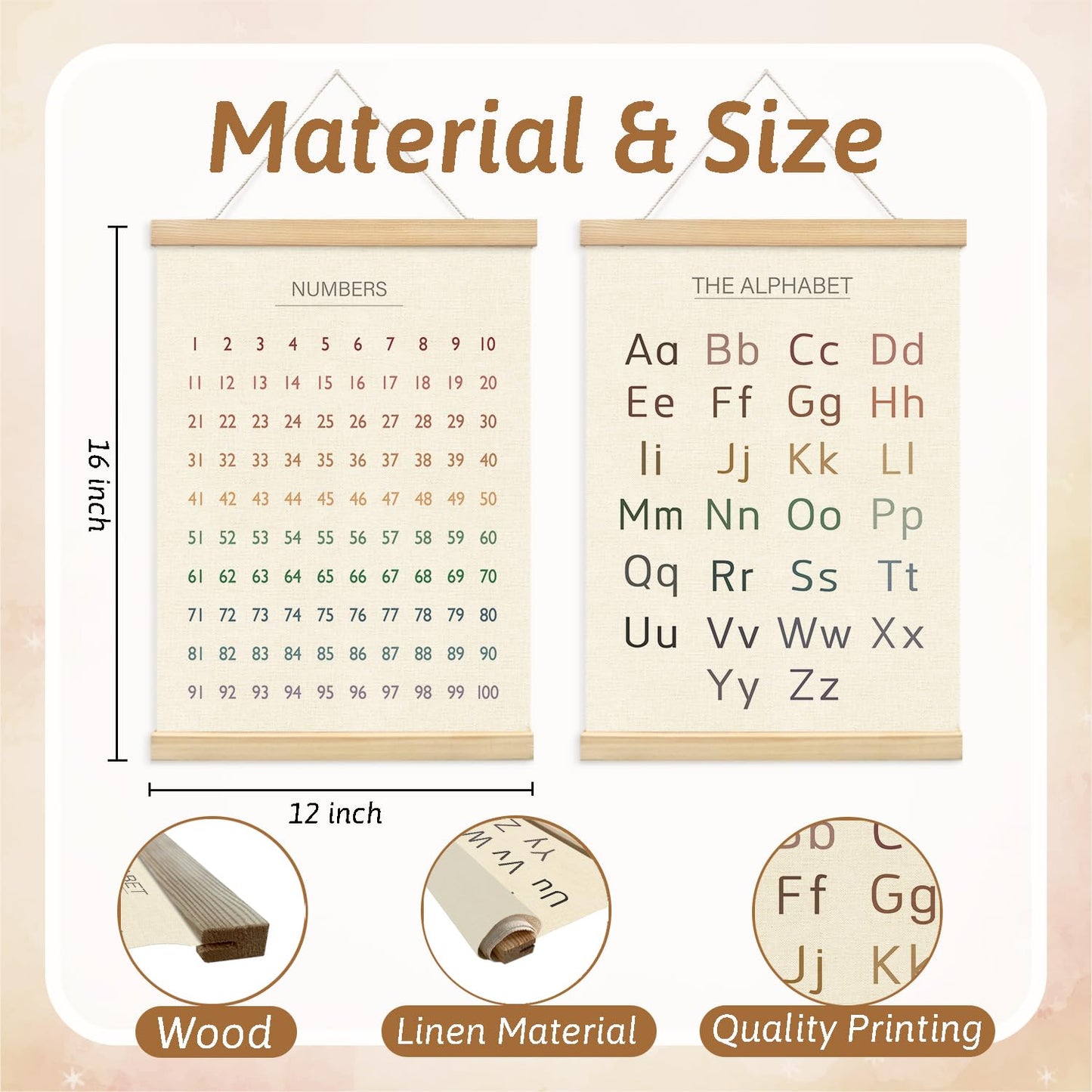 Lacama Educational Charts & Posters Hanger Frame - Homeschool Supplies,ABCs 123s Kids Learning Educational Gift for Toddler Ages 2 3 4 5,Alphabet Poster For Toddlers,1-100 Number Chart