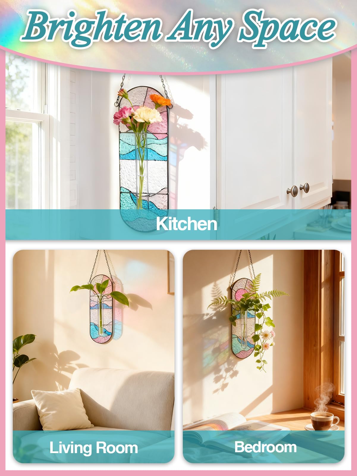 Stained Glass Plant Propagation Stations - Handmade Sunshine Catcher Hydroponic Planter Window Hanging with Glass Tubes, Terrarium Decor Gifts for Women Mom Plant Lovers, Pink