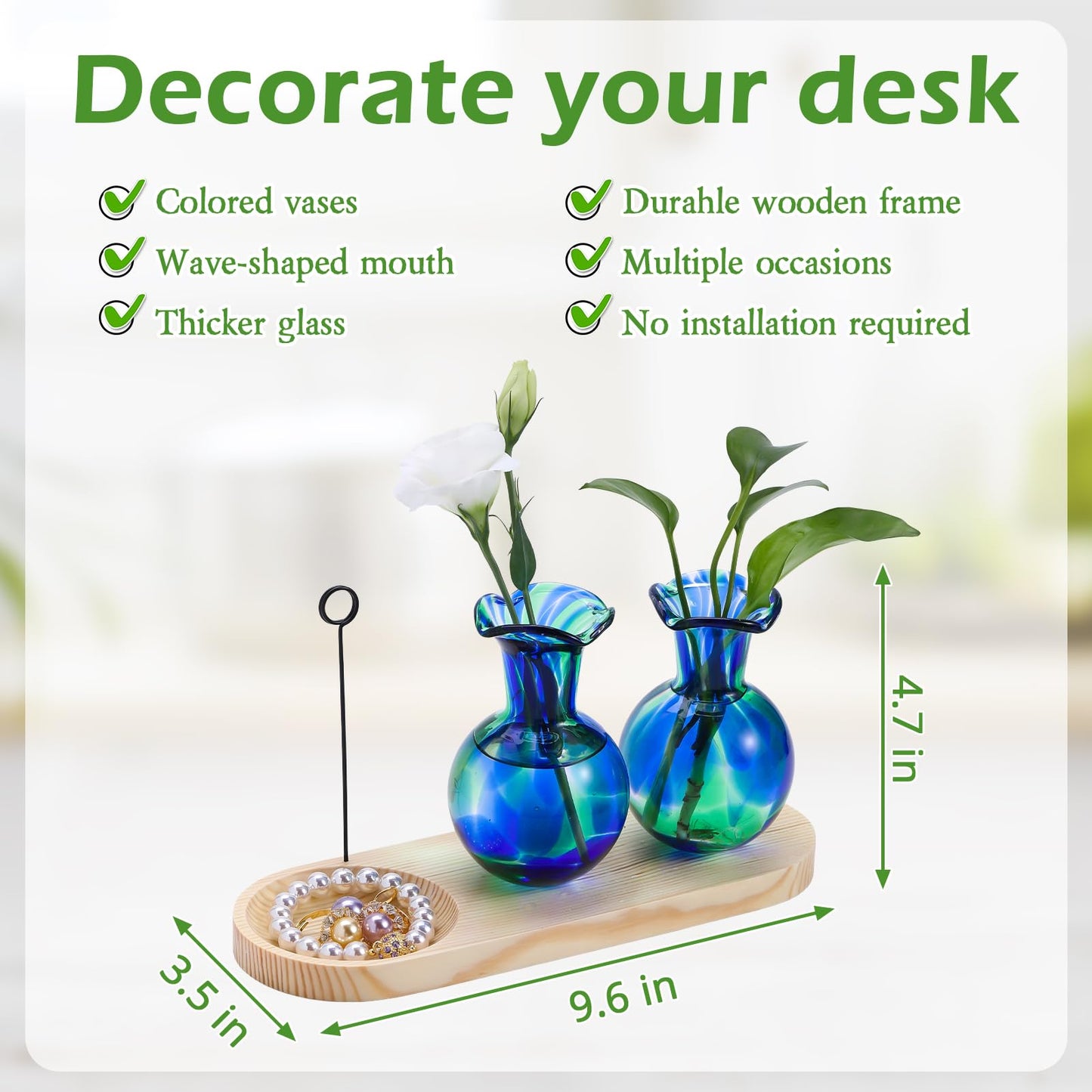 Pozfun Hand Blown Glass Plant Propagation Stations Plant Terrarium Wooden Stand for Hydroponic Plants Combine Jewelry Tray and Photo Holder Office Home Garden Decor - 2 Bulb Glass Vases
