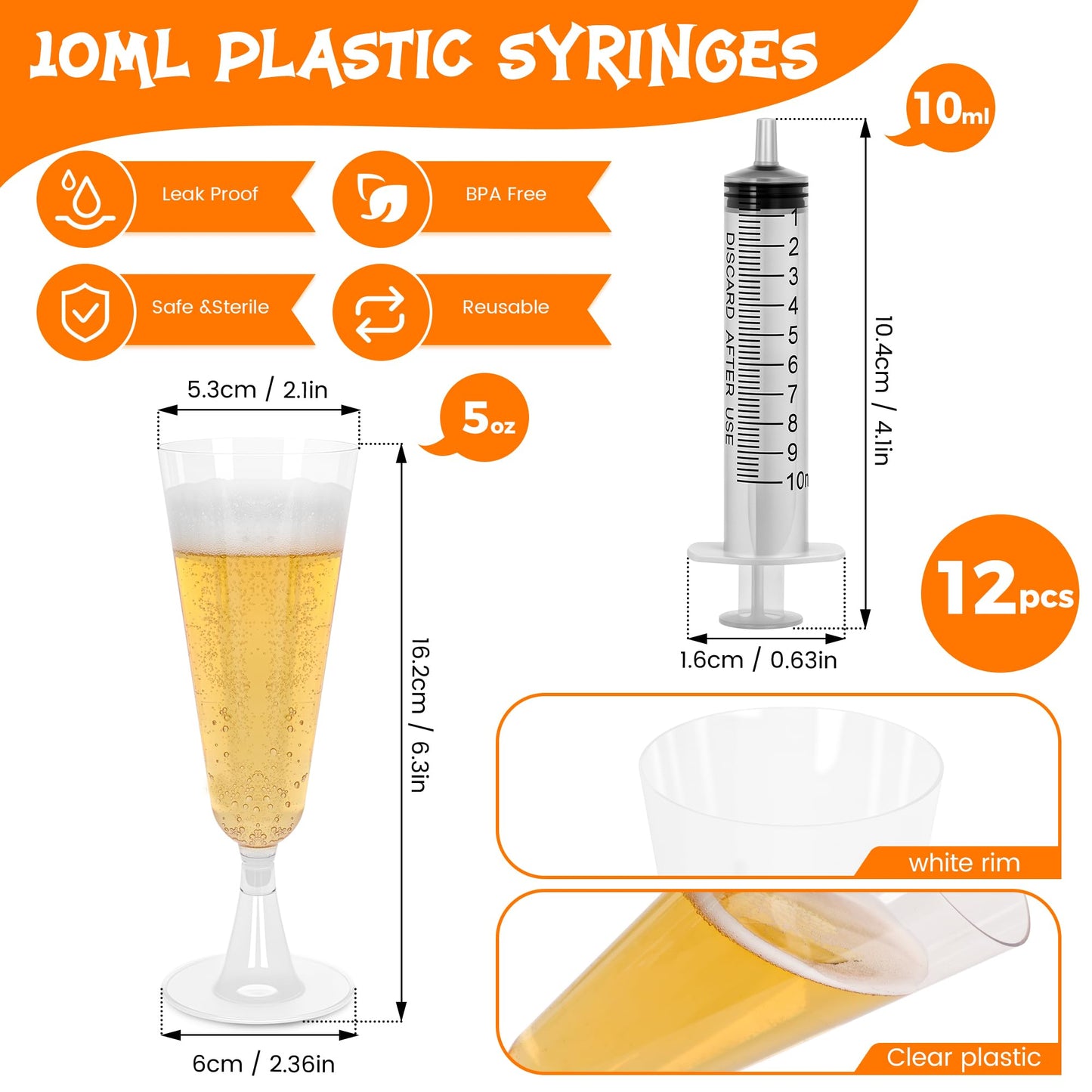 yeload Fun Halloween Champagne Flutes with Syringes – 12 Pack 5 oz Clear Disposable Wine Glasses – Spooky Party Cups for Adult Halloween Events & Easy Cleanup
