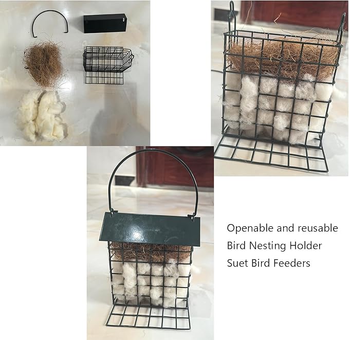2 PCS Bird Nesting Holder with Alpaca Fiber Bird nest Material Holder with rain Guard Suet Bird Feeders for Outdoors Refillable Hummingbird Nesting Gifts Outdoor Bird Nesting Station (2 PCSBLAK)