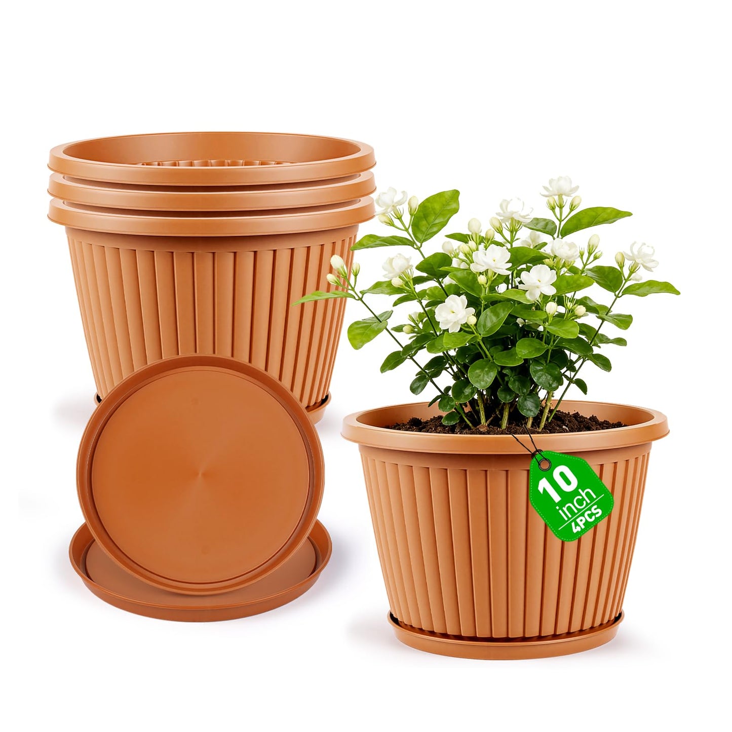Myfeegoin Planter-Pots-for-Plants-Indoor-Outdoor, 4 Pack 10 Inch Plastic Flower Pots with Saucer & Drainage Holes, Modern Garden Planters for Planting Medium Large Plants,Decorative Resin Garden Pots