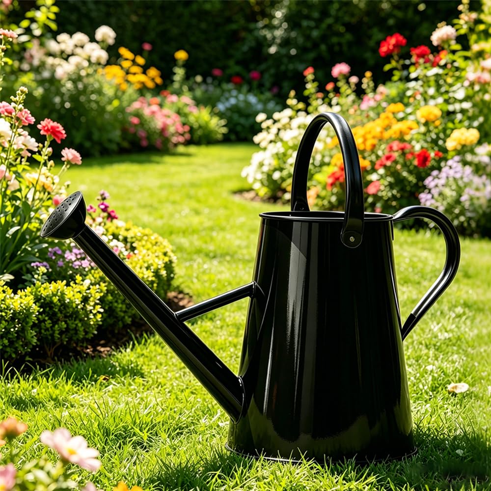 SunnyTong Metal Watering Can for Outdoor and Indoor Plants, Watering Can Decor, 1.5 Gallon(Black)