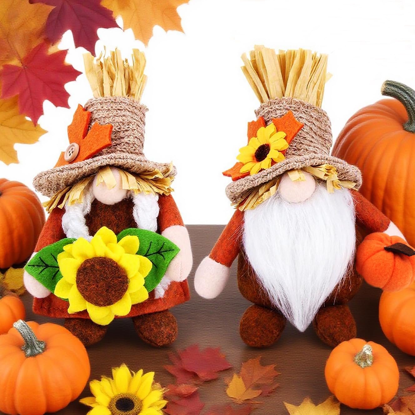 2pcs Fall Thanksgiving Gnomes Plush Decorations for Home, Cute Thanksgiving Gnomes Plush Pumpkin Maple Leaves Fall Gnome Set Home Indoor Table Tiered Tray Decor, Harvest Autumn Holiday Decoration Gift