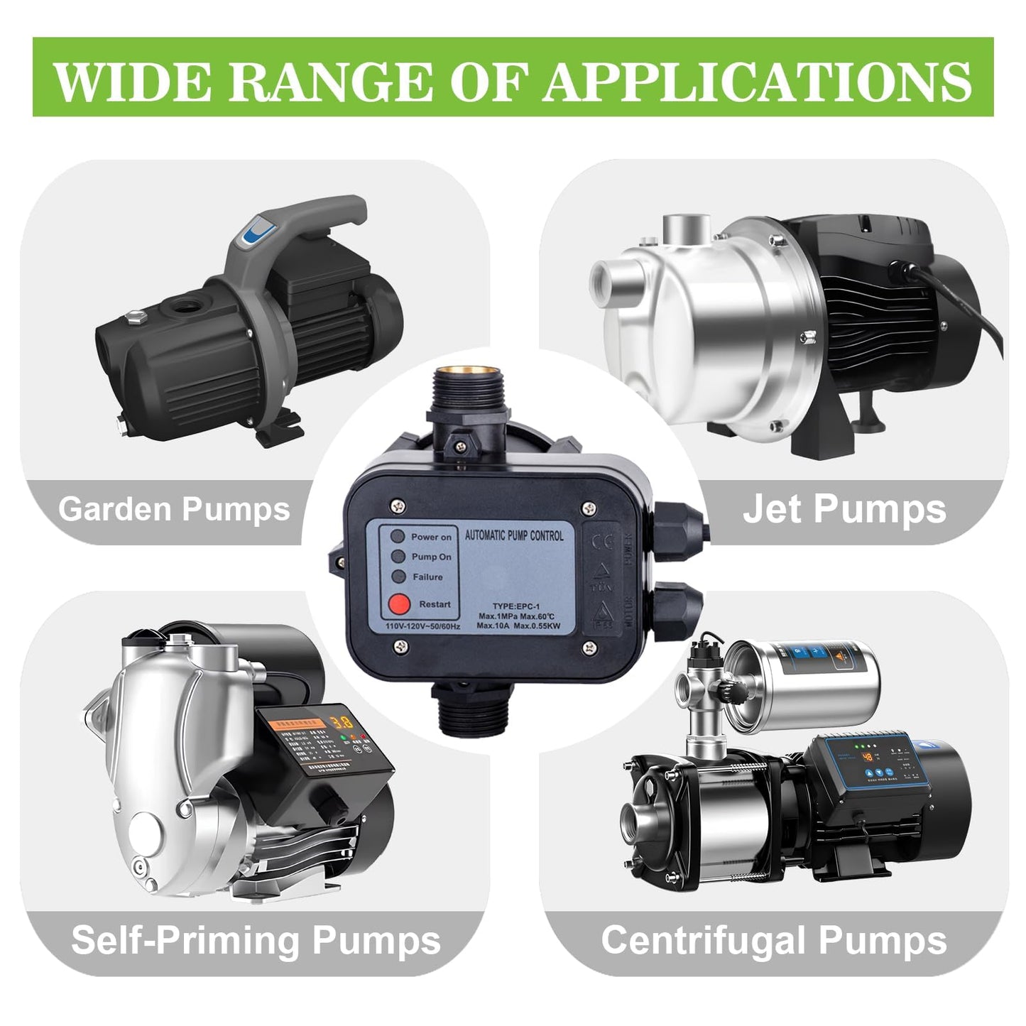 MARSTEK IP65 Automatic Water Pump Controller,Water Pump Pressure Switch Water Flow Sensor Switch Electronic Pump Pressure Regulator for Self-priming Pump,110V-120V~50/60Hz
