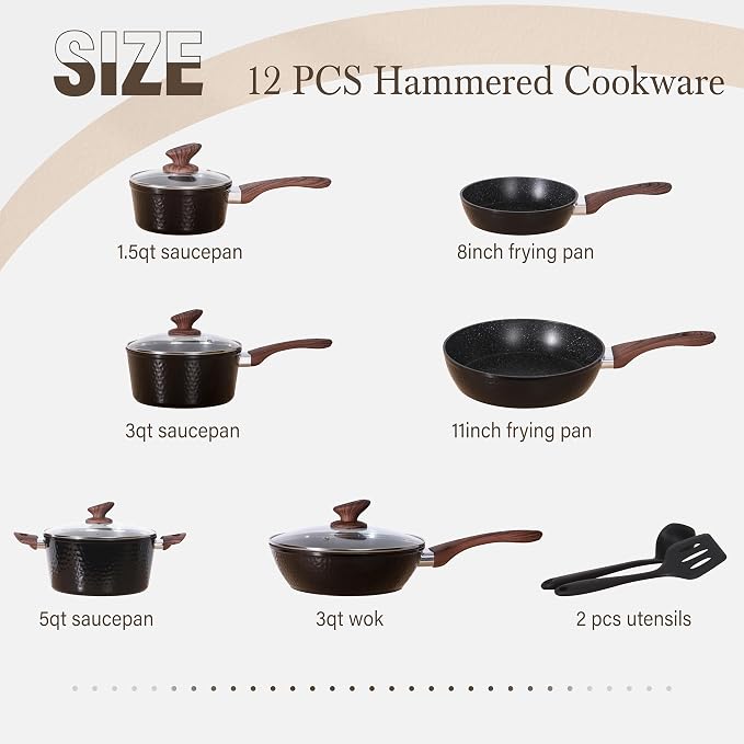 Kitchen Academy 12Pcs Nonstick Induction Pots and Pans Set, Hammered | Premium black healthy cookware for everyday cooking. Even heating, easy to clean. Stay-cool handles. 100% PFOA & PFAS free.