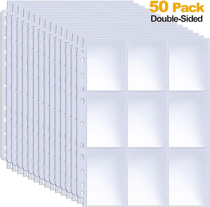 900 Pockets Baseball Card Sleeves, ABLY Double Side 9-Pocket Trading Card Binder Sleeves Page Protectors Sheet for Skylanders, Pokemon, Top Trumps for 3 Ring Binder(50 Pages)