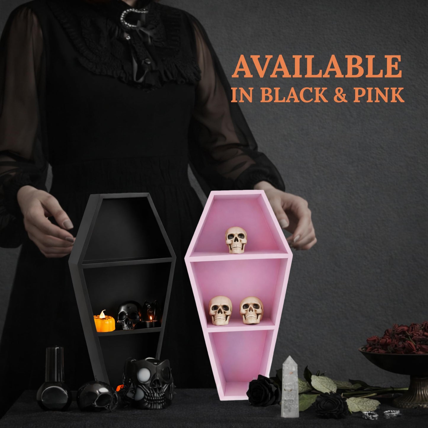 MANNY'S MYSTERIOUS ODDITIES Coffin Shelf - Spooky Gothic Decor for The Home - Pink Hanging Wooden Shelf for Wall or Table Top - 15 Inches Tall by 8 Inches Wide