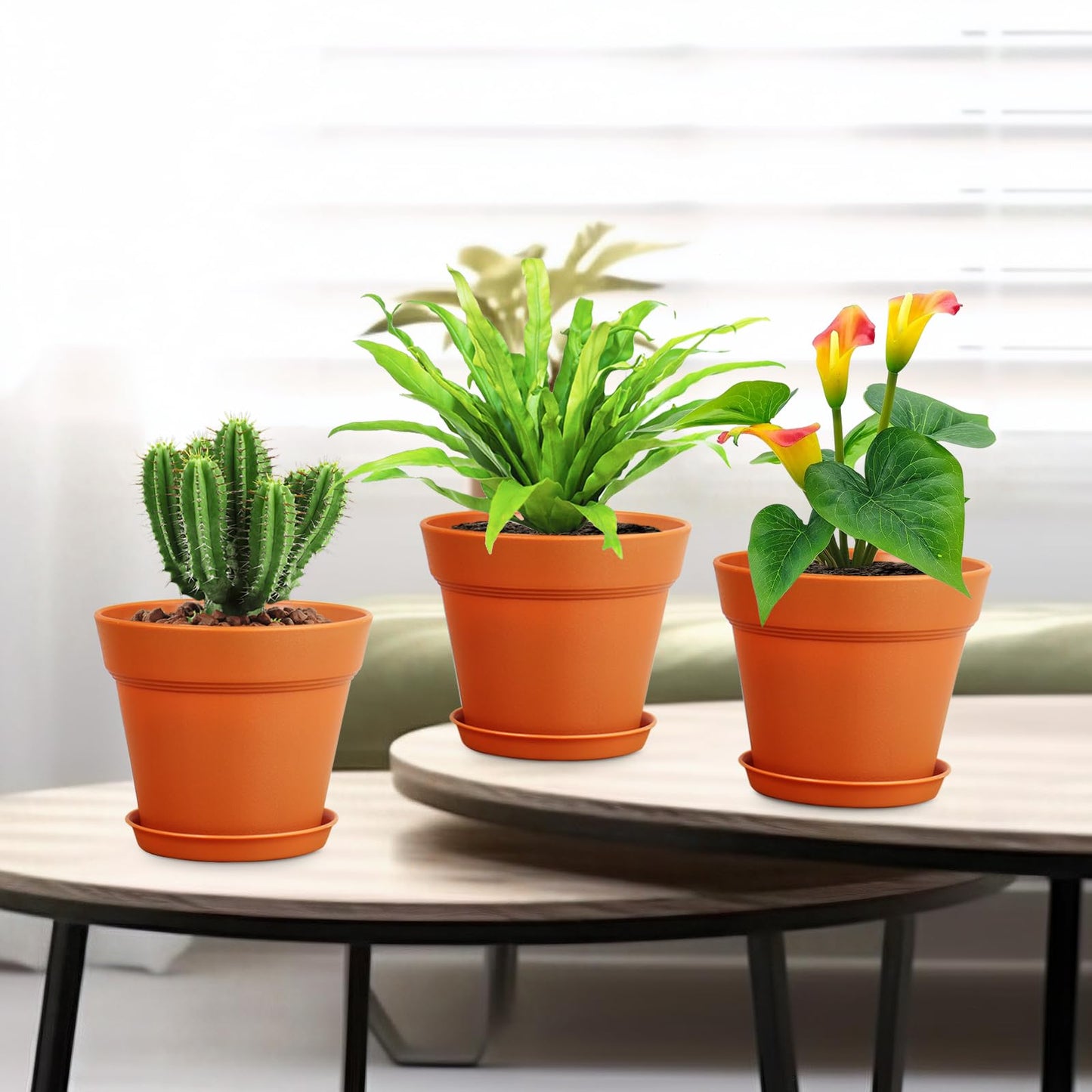 Meowell 6 inch Plastic Nursery Pots, 16 Pack Plant Pots for Indoor Outdoor Plants, Flower Pots with Drainage Holes and Saucers, Decorative Seedling Starter Planters for House Plants, Terracotta