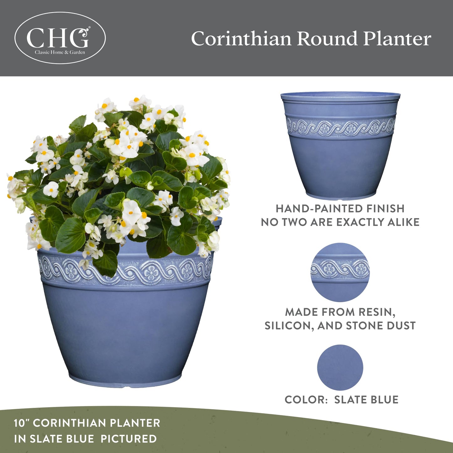 Classic Home and Garden Corinthian Resin Flower Pot Planter, Slate Blue, 8"
