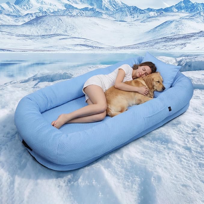 WROS Cooling Human Dog Bed for Summer, Breathable Washable Floor Lounger for People & Pets, 72"x41"x12", Ocean Blue, Pet Bed for Hot Weather Relaxing