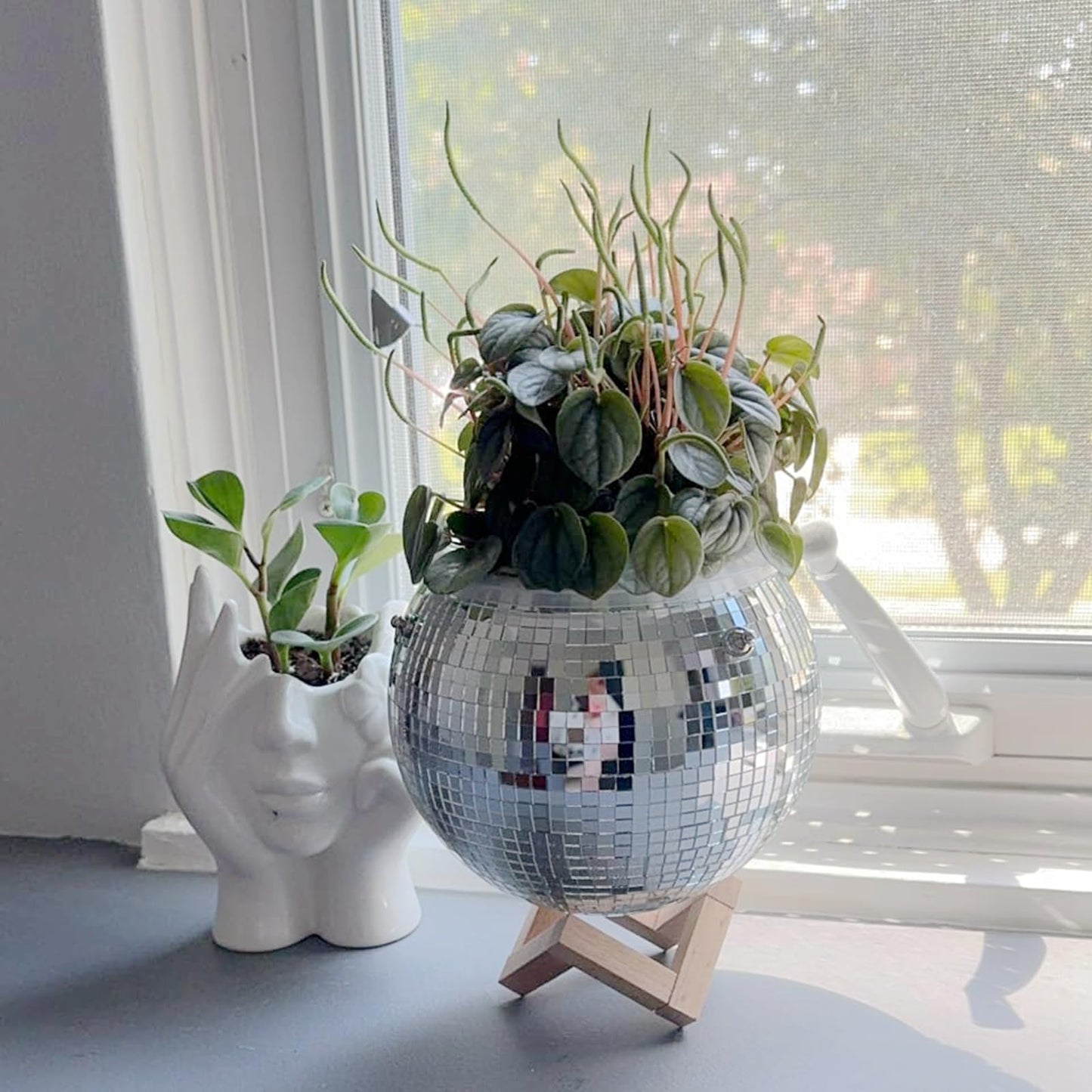Disco Ball Hanging Plant Pots, Boho Silver Mirror Disco Planter with Chain Hook and Macrame Rope for Indoor Outdoor Decor and Wooden Stand for Desk,Self Watering Insert Pots