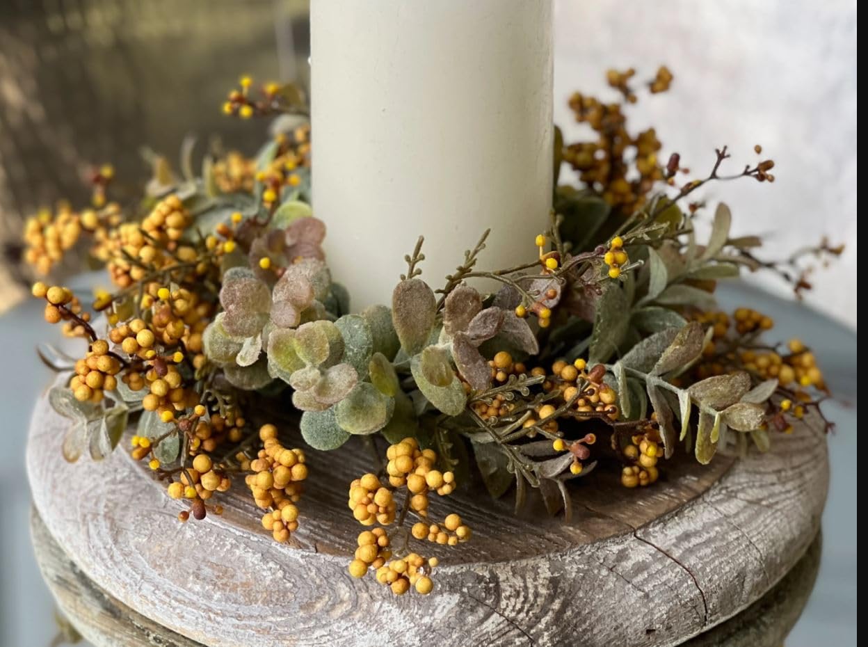 Fall Pebble Candle Ring | 2 Pc Set Mustard Berry- 9 Inch with 3 Inch Center Color Wreath