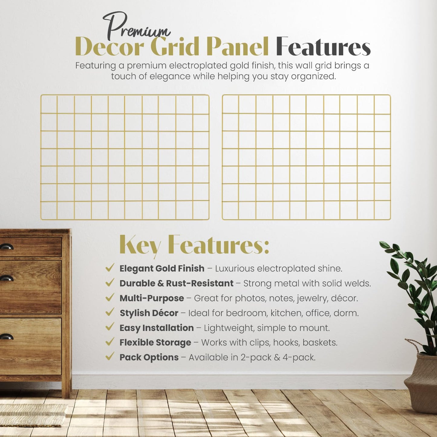 CIKLCIX Wire Grid Wall Panel for Photo Display, 2 Pack Metal Wire Memo Board, Decorative Grid Frame Wall for Hanging Pictures, Notes, Postcards, Small Ornaments (2, Gold)