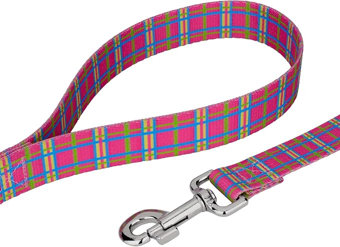 Country Brook Petz - Bubblegum Pink Plaid Everyday Collar and Leash - Plaid and Argyle Collection Featuring Charming Designs (5/8 Inch, Small)