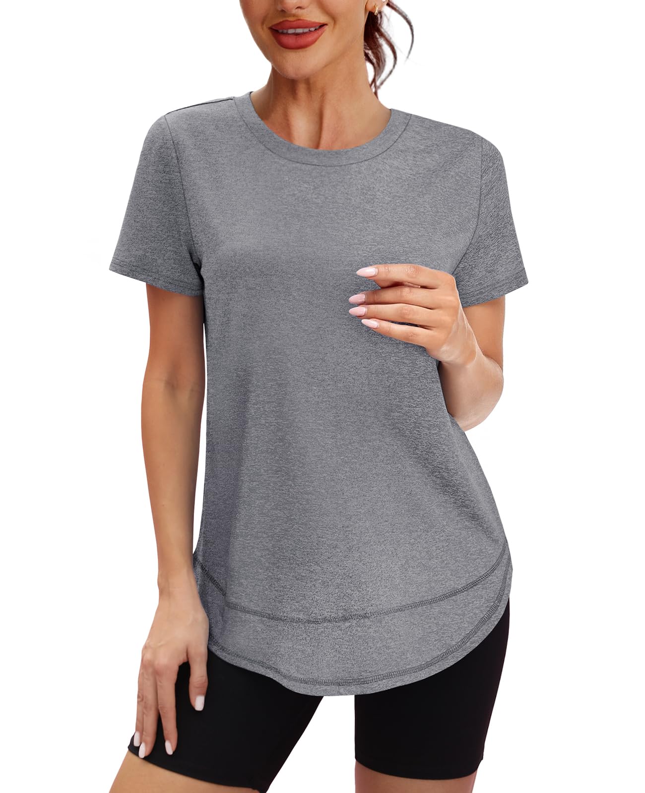 Summer Tops for Women 2025 Short Sleeve Workout Clothes Athletic Shirts Pilates Outfits Camisetas Deportivas para Mujer Grey L