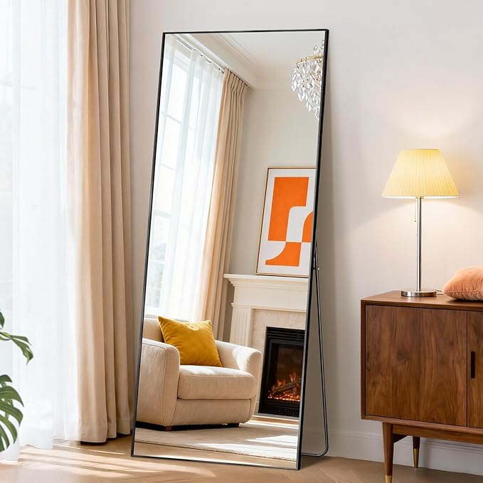 NEWBULIG Mirror Full Length, 56"x21" Body Wall Mirrors with Shatter-Proof Glass, Upgraded Floor Standing Mirror, Hanging or Leaning, with Stand Aluminum Alloy Frame for Home Decor, Bedroom, Black