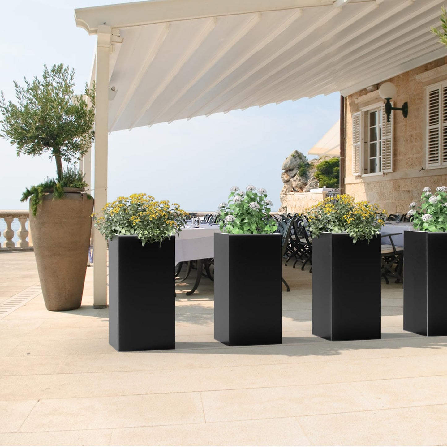 Nessxa Metal Planter Box for Outdoor Plants 15" L x 15" W x 30" H 2 Pack, Heavy Duty Steel Planter Box with Removable Insert Shelf, Rectangular Planters for Porch, Garden, Yard, Hotel (Black)