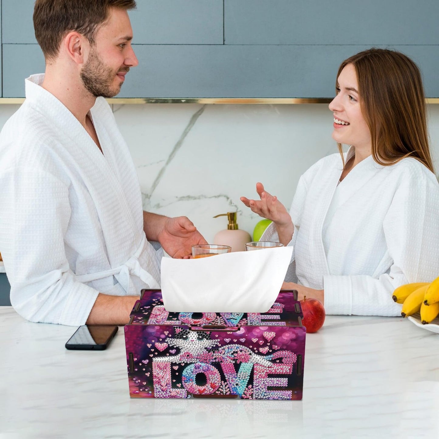 Diamond Painting Tissue Box Cover β Love Letter & Cat Design Wooden DIY Rhinestone Diamond Art Kit, Cute Handmade Craft Tissue Holder for Desktop Home Office Decor